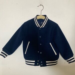 GAP Kids Navy Blue Varsity Jacket with White Stripes